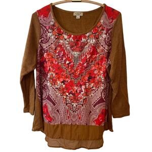 One World Knit & Chiffon Floral & Paisley Embellished Top Size 2X
